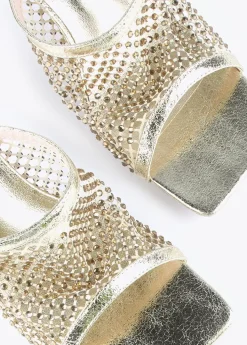 Sandalia de tacón y malla de strass