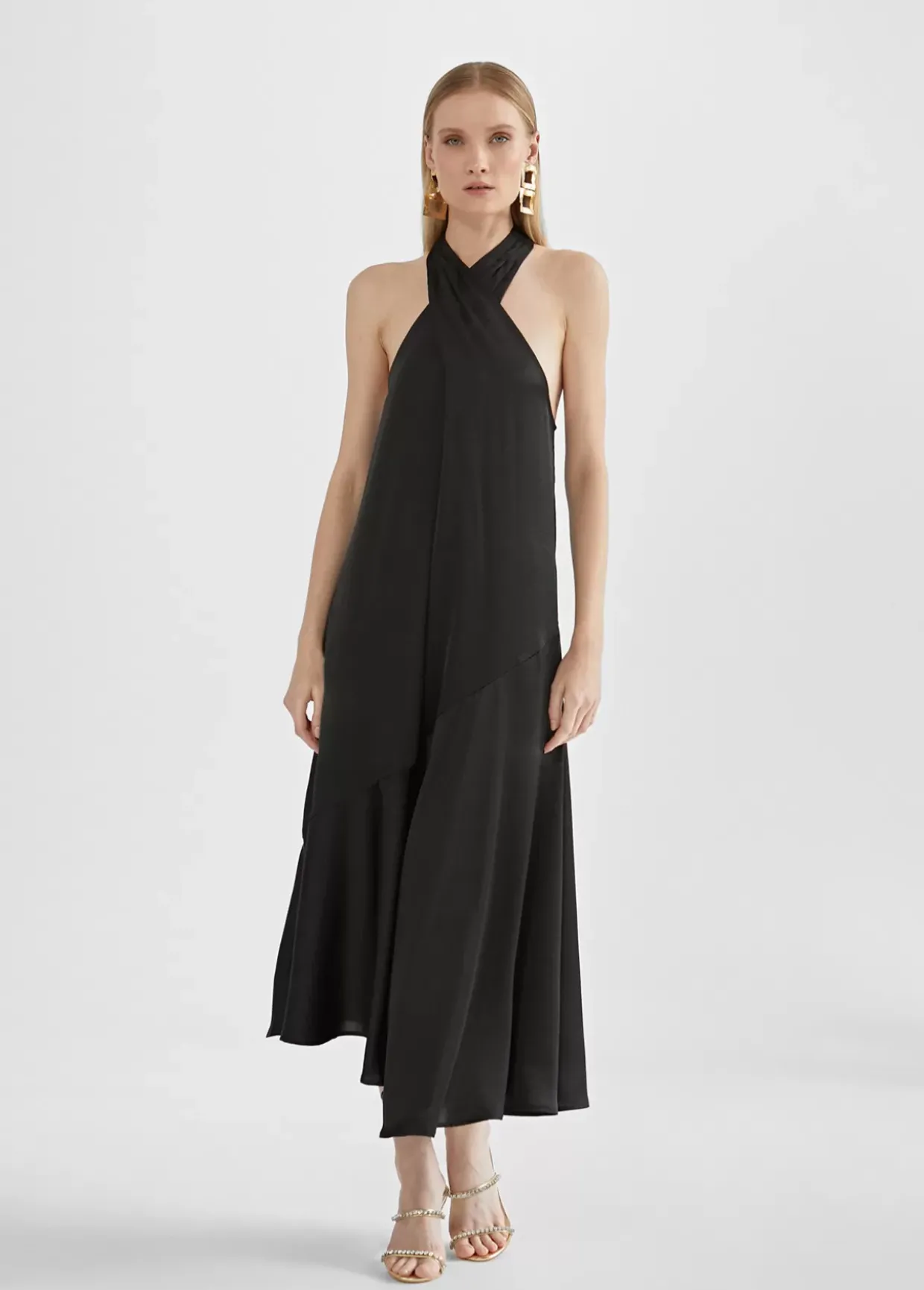 Vestido midi cuello halter cruzado