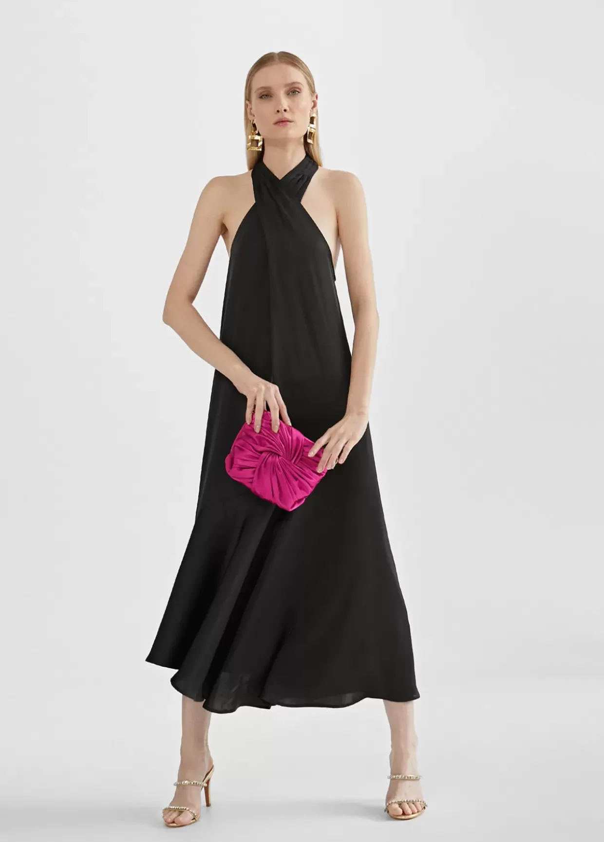 Vestido midi cuello halter cruzado